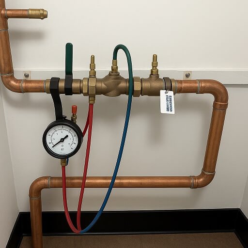 Reduced pressure principle backflow preventer with relief valve and test cocks on a water line