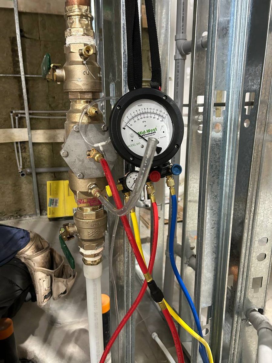 Certified backflow preventer test in progress on a commercial property in Richmond Hill