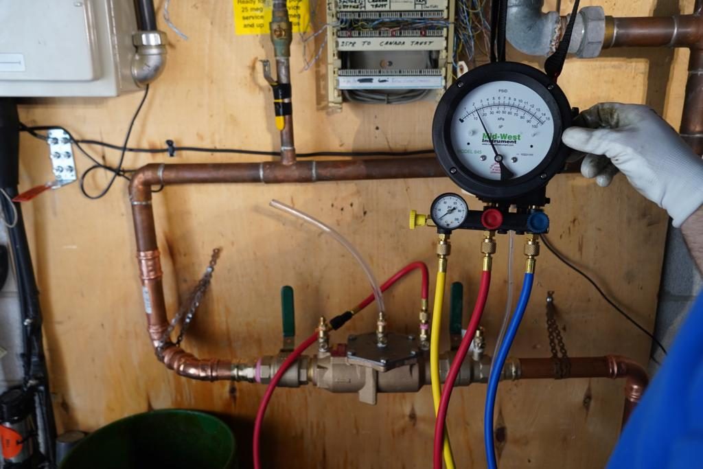 Certified backflow preventer test in progress on a commercial property in Markham